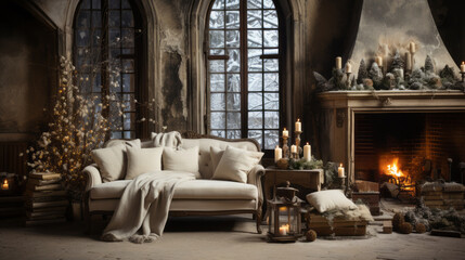 Fototapeta na wymiar Living Room in sophisticated rustic style with classic Sofa and some cushions in front of a Stone Fireplace with many Candles and some Christmas decorations