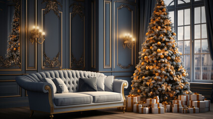 Medium view of a Large Christmas gold and white tree with many white and golden gifts beside a white sofa and sculpted walls and a morning light