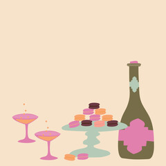 Happy New Year. Macarons and sparkling wine greeting card.