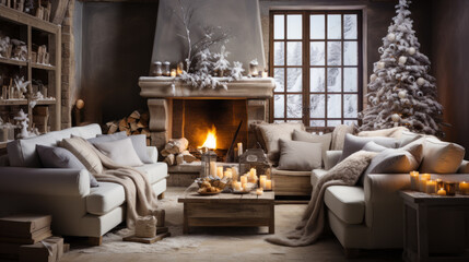 White Living Room in sophisticated rustic style with Sofas and many cushions in front of a stone Fireplace with white Christmas tree and decorations and some candles