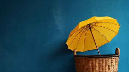 A yellow umbrella sitting on top of a wooden basket
