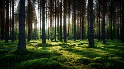 pine forest trees. nature green wood sunlight backgrounds. generative ai.