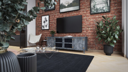 Industrial loft with a brick wall covered with paintings, parquet, modern furniture and plants