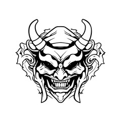 Noh Mask Fury: Japanese Tribal Demon Logo for Tattoos
