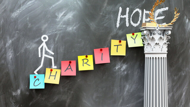 Charity leads to Hope - a metaphor showing how charity makes the way to reach desired hope. Symbolizes the importance of charity and cause and effect relationship.,3d illustration