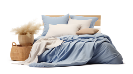 A comfortable bed adorned with crisp blue bed sheets and fluffy pillows. Next to the bed, there's a beige basket, isolated on a transparent background, Generative AI