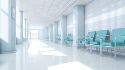 A long, bright hospital corridor with rooms and seating.