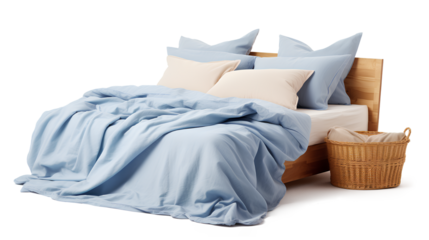 A comfortable bed adorned with crisp blue bed sheets and fluffy pillows. Next to the bed, there's a beige basket, isolated on a transparent background, Generative AI