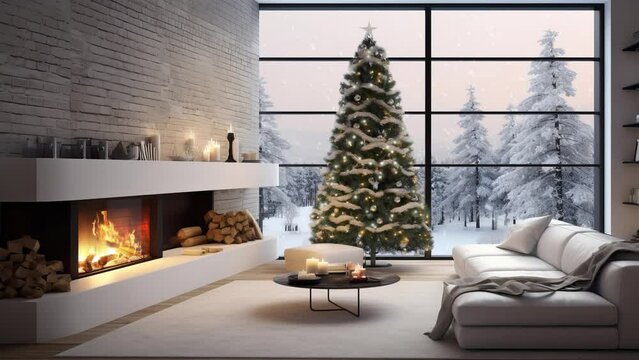 Christmas winter interior of modern living room with fireplace