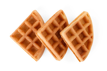 Many tasty Belgian waffles isolated on white, top view