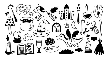 Fantasy and Fairy tale doodle elements set. Cute hand drawn black outline magical icons and symbols collection with unicorn, dragon, castle, potion, witch hat, elixir, book. Vector illustration.