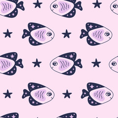 Naklejka premium Celestial seamless pattern with fish and star. Cute childish pink endless background with cartoon underwater and sky elements in doodle style. Repeat vector illustration for kids
