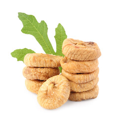 Tasty dried figs and green leaf isolated on white