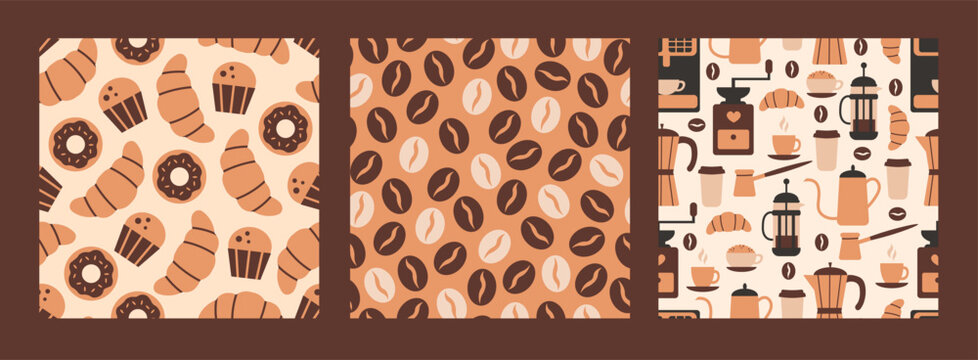 Food Seamless Patterns set with coffee. Modern endless backgrounds collection with confectionery, bakery products, beans, mugs, cups, items, tools. Repeat vector illustration