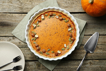 Delicious pumpkin pie with seeds and hazelnuts served on wooden table, flat lay