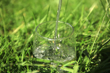 Pouring pure water into glass in grass outdoors on sunny day