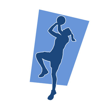 recommend clip art: Silhouette of a female athlete doing basket ball pose. Silhouette of a woman basket ball player in action pose.
                    