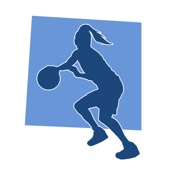 recommend clip art: Silhouette of a female athlete doing basket ball pose. Silhouette of a woman basket ball player in action pose.
                    