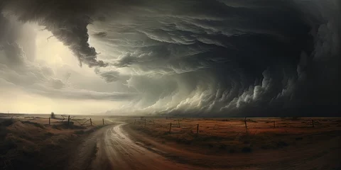 Poster Epic nature fury. Captivating storm landscape with dark sky thunderous clouds and dramatic lightning strikes perfect for conveying raw power and beauty of extreme weather in atmospheric scenes © Bussakon