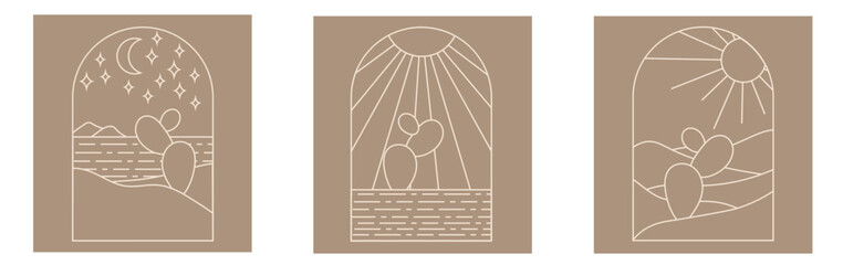 Boho boho logo cactus set in minimal line style. Landscape, cactus logo design templates in line style, geometric abstract design for decoration © Elena