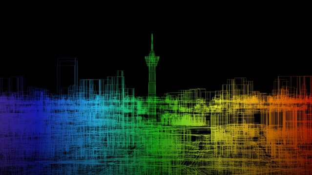 3d wireframe visualization of D&uuml;sseldorf, Germany, Tourism, Digital Topography, GSI data map, BIM, 3d Rendering, 3d Illustration