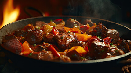 close up spicy stew beef on a pan