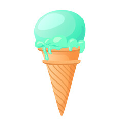 Melting ice cream in the waffle cone. Isolated vector.
