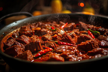 close up spicy stew beef on a pan - obrazy, fototapety, plakaty
