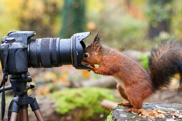 Squirrel perched on the ground next to a professional camera, looking directly into the lens.
