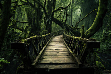 moss covering the wooden bridge on the forest - Powered by Adobe