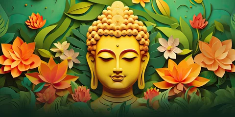 Foto op Canvas Glowing golden buddha with colorful paper cut flowers © Kien