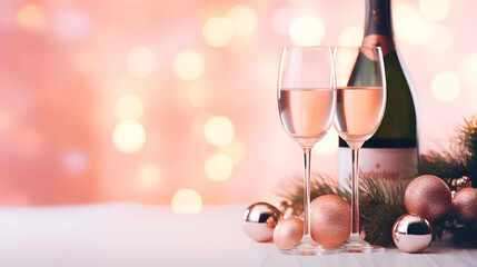 Two glasses of champagne with fir branches and golden Christmas balls decorations. against the background of festive New Year and Christmas pink bokeh. Coria of space. New Year celebration concept.