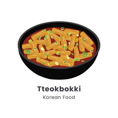 Tteokbokki. Traditional asian street food. Korean stir-fried rice cakes. Spiced with hot chili paste. Vector illustration