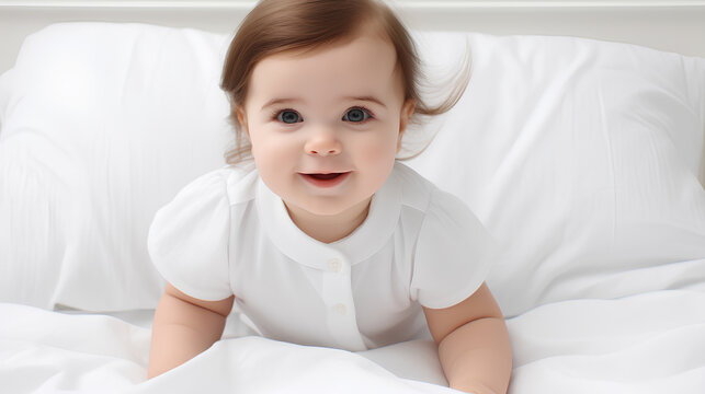 A cute baby sitting on a soft bed with pristine white sheets, Generative AI