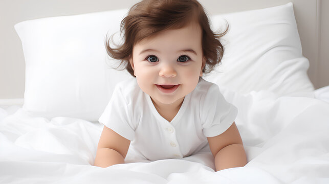 A cute baby sitting on a soft bed with pristine white sheets, Generative AI
