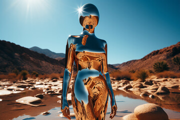 Liquid human form, fashionable girl in designer reflective chrome suit.