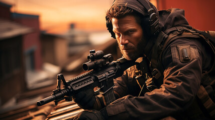 A sniper on the roof of a house, sniper rifle - obrazy, fototapety, plakaty