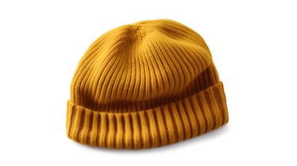 A docker-style knitted dark yellow hat on a transparent background, Generative AI
