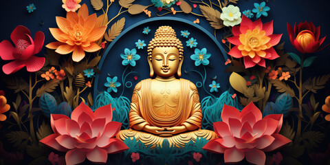 Glowing golden buddha with colorful paper cut flowers - obrazy, fototapety, plakaty