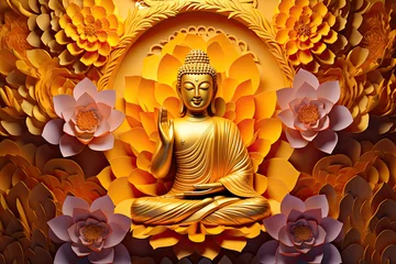 Rolgordijnen Glowing golden buddha with colorful paper cut flowers © Kien