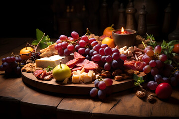 Seasonal Fruit Cut Up And Arranged On A Wooden Board, Aesthetic, Warm Dramatic Lighting, Medieval Tavern, Delicious Charcuterie. generative ai.