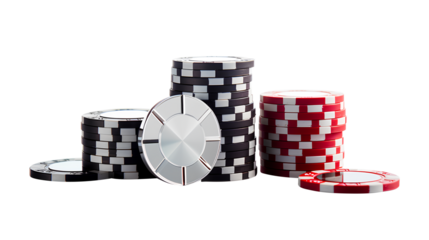 A modern collection of poker chips with metallic finishes, neatly stacked next to a sleek isolated on a transparent background, Generative AI