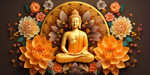 Glowing golden buddha with colorful paper cut flowers