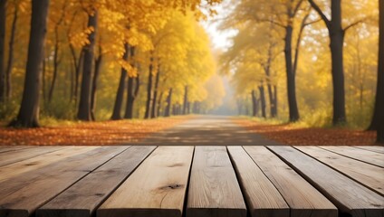 Naklejka na ściany i meble empty wooden table with blurred autumn background