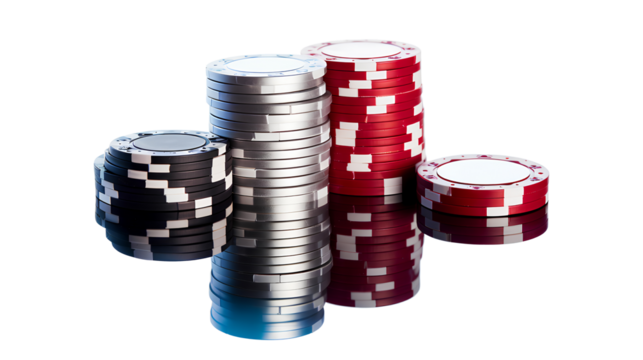 A modern collection of poker chips with metallic finishes, neatly stacked next to a sleek isolated on a transparent background, Generative AI