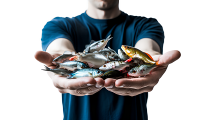 a person holding a collection of blue and black fish isolated on a transparent background, Generative AI