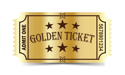 Golden ticket on a white background. Realistic vector illustration.