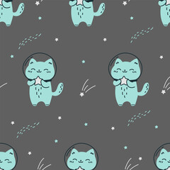 Seamless vector pattern on white background. Cute cat in a spacesuit holding a star in his paws. . Vector illustration