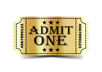 Admit one gold ticket on white background. Realistic vector illustration.
