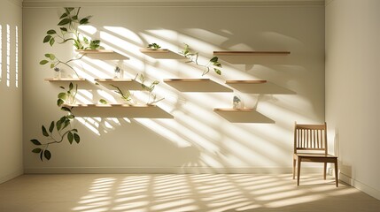 display room interior with natural leaf shadow